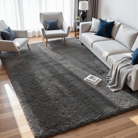 Gray Soft Non-Slip Long-Pile Living Room/Bedroom Large Rug